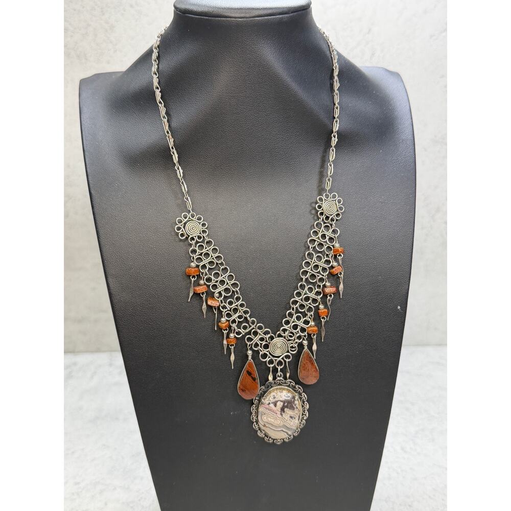 Vintage Gray Banded Agate Cab Pendant brown teardrop stone silvertone necklace